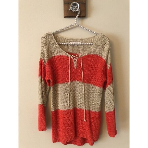 LOFT Womens Size XS Lace Up Sweater Orange Tan Lightweight - Picture 1 of 5